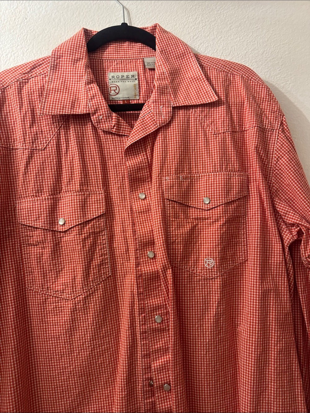 Roper Men's Orange-Red Small Check Button-Front Western Shirt